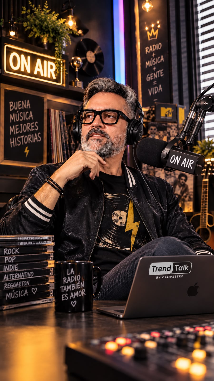 Armando con audífonos frente al micrófono en su cabina de radio, junto a un letrero de On Air